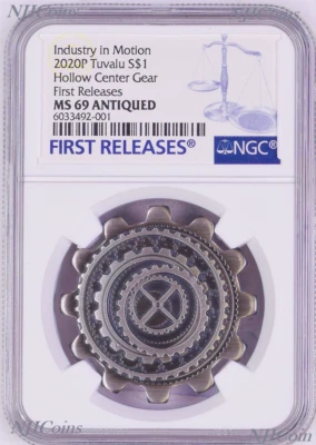 2020 Industry In Motion ANTIQUED Gear-Shaped Hollow 1oz Silver COIN NGC MS69 - Image 1 of 2