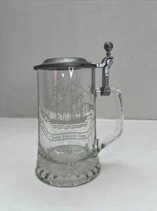 Glass Beer Stein Salem Ship Grand Turk 1786 ALWE W Germany Tankard Pewter Lid - Picture 1 of 6