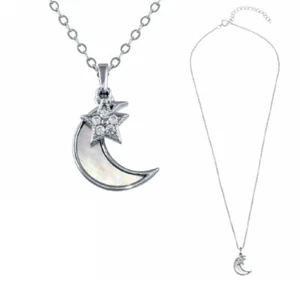 Sterling Silver Necklace w/ Mother of Pearl Moon & CZ Stones Star Pendant - Picture 1 of 5