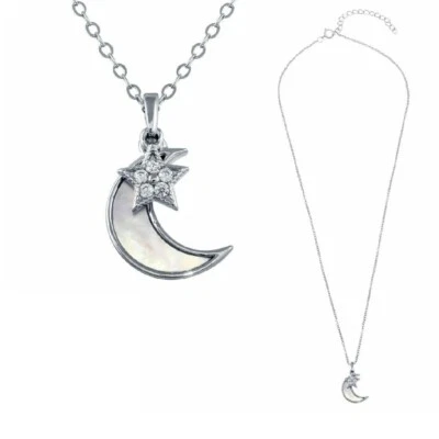 Argento Sterling Collana W/Madreperla Luna & Zirconi Pietre Ciondolo Stella - Immagine 1 di 4