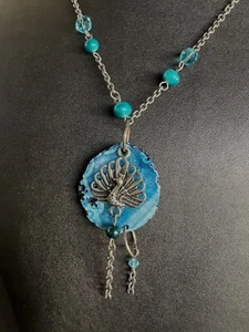 Turquoise Colored Agate With Pewter Pendant Asymmetrical Necklace 21 1/2in - Picture 1 of 7