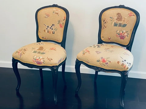 Wonderful Pair Poodle Dalmation Theme Upholstered Vintage 1930-40's Side Chairs Cover