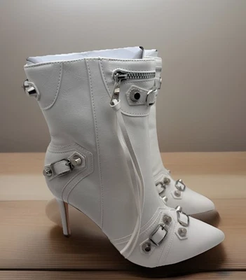 White Stiletto Ankle Booties Silver Metal Accents Tassel Studded Size 8 NEW - Image 1 of 4