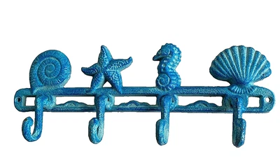 Sea Life Wall Hook Rack Cast Iron Nautical Starfish Shell Seahorse 12.5" W Gift - Image 1 of 4