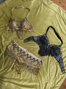 Lot 3 Piece Vintage Professional Hand Beaded Belly Dance Gold Bra Belt Set +Bra - Picture 1 of 7