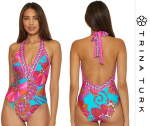 $172 NWT TRINA TURK Meilani Border Halter Plunge One Piece Swimsuit Size 8 - Picture 1 of 9