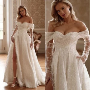 Wedding Dresses A Line Beaded Applique Strapless Long Sleeves Train High Split - Picture 1 of 21
