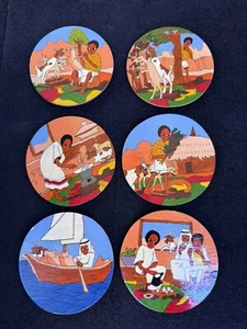 Ethiopian Hand Painted Drink Coasters Angels Art Handmade Wooden Felt Backed - Picture 1 of 7
