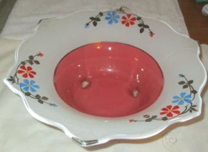 Vintage White & Coral Pink Floral Glass Footed Bowl W/Clear Edge Rim - Picture 1 of 7