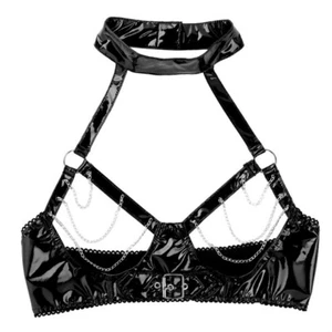 Reggiseno Lady Halter ecopelle vernice gilet imbracatura sexy catena bondage PVC scintillante - Foto 1 di 8