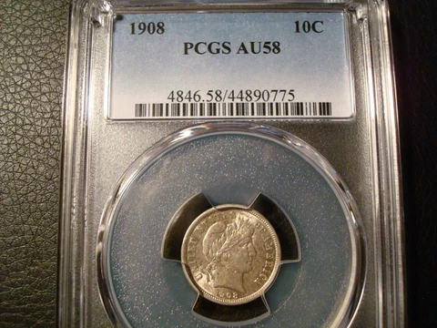 1908 Barber Dime Graded PCGS AU58 Cover