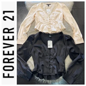 NWT Lot Of 2 Forever 21 Silky Button Front Ruffle Pleat Long Sleeve Blouses Med - Picture 1 of 15