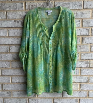 Blusa transparente de cachemira colorida con botones manga 3/4 Liz Claiborne para mujer talla 2X Foto 1 de 4