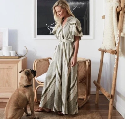 Vestido Zimmermann tamanho 0/AU 8/EUA 4 listras de algodão costeiro boho midi maxi com cinto - Imagem 1 de 4