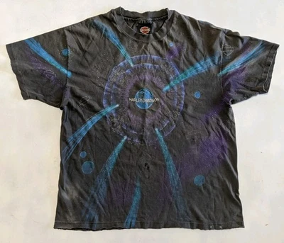 Винтажная футболка 1990-х Harley-Davidson универсальный принт XL одинарный шов AOP потертая! - Изображение 1 из 4