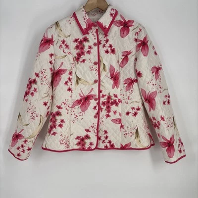 Chaqueta acolchada de seda Anne Carson para mujer grande floral rosa lentejuelas clásica preppy Foto 1 de 4