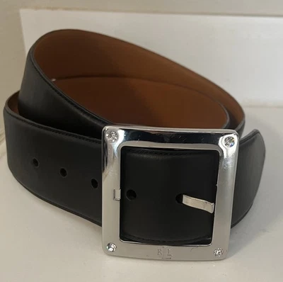Cinturón Lauren Ralph Lauren Negro Cuero Italiano 2" Ancho XL Plateado Herrajes Nuevo con Etiquetas Foto 1 de 4