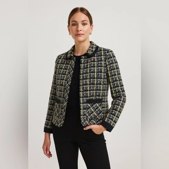 Chaqueta de tweed para mujer Ann Taylor azul marino y amarillo talla 0 Foto 1 de 4