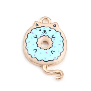 5 Unusual Blue Fun Do-Nut / Cat Shaped Charms with Cat Features Enamel Detail - Picture 1 of 2