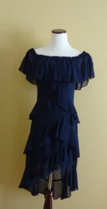 Abito formale da sera Badgley Mischka blu navy spalle scoperte con volant taglia 6 - Foto 1 di 16