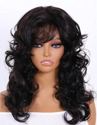 Perruque Synthétique Noir A Frange Longue Bouclé Wig Femme +4 Bonnet