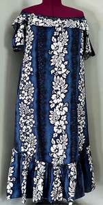NWOT Hawaiian Traditional Muumuu Blue Black White Dress sz MEDIUM - Picture 1 of 12