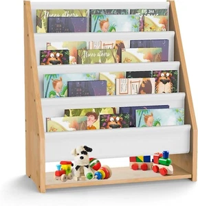 Sling Bookshelf for Kids, Bamboo Book Rack with 4 Tier Fabric Shelves, Kids Book - Picture 1 of 9