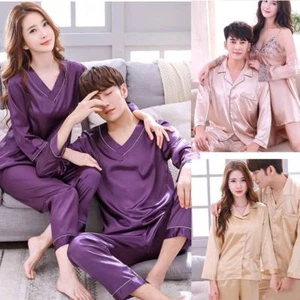 Mens Silk Satin Pajamas Pyjamas womens lovers Loungewear Sleepwear Set Nightgown - Picture 1 of 38