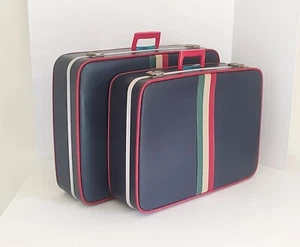 Juego de equipaje maleta vintage de 2 piezas forro azul claro asas rojas a rayas - Imagen 1 de 13