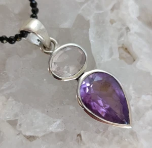 Colgante de piedra curativa amatista y cuarzo rosa plata de ley 925 hecho a mano A1513 - Imagen 1 de 5