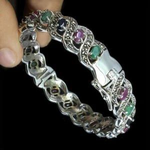 Unheated Oval Emerald 5x3mm Ruby Sapphire Marcasite 925 Sterling Silver Bangle - Picture 1 of 3