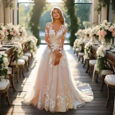 优雅 A 字婚纱 O 领长袖蕾丝贴花新娘礼服 — 第 1/4 张图片