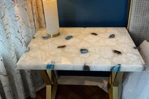 Luxurious White Quartz & Blue Agate Dining Table | Gold Pedestal Base - Picture 1 of 4