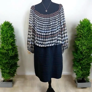 Gabby Style Herringbone Print Sheer Overlay Lined Blouson Sheath Dress 18W - Picture 1 of 8