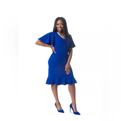 Kasper NWT XXL Royal Blue Flutter Sleeve Ruffle Hem Sheath Dress - Image 1 of 4
