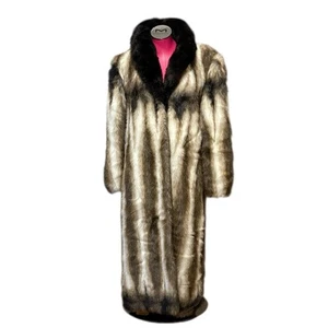 Vtg. USA Olympia Limited Inc Long THICK Faux Fur Coat Womens Size XL White Brown - Picture 1 of 16