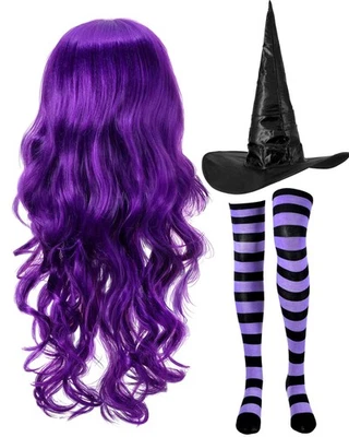 Conjunto de Disfraz de Bruja de Halloween para Mujer, Peluca, Sombrero de Bruja, Calcetines (Negro, Puro Oscuro... Foto 1 de 4