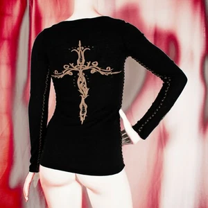 Xtaren schwarz beige bestickt Kreuz Symbol Zeichen Damen Top Größe S - Bild 1 von 12