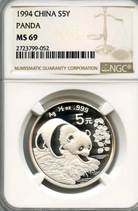 China 1994 Silver 5 Yuan 1/2oz Ag.999 Panda Coin NGC graded MS69 - Picture 1 of 2