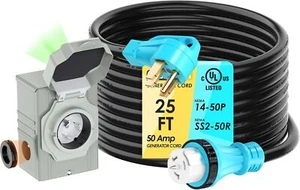 Cable generador de 50 amperios y caja de entrada de alimentación 125/250 V NEMA14-50P/SS2-50R bloqueo giratorio - Imagen 1 de 11