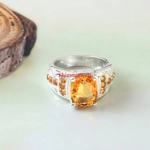Natural Citrine Gemstone With 18k White Gold Plated Silver Ring For Men's #1321 - Picture 1 of 11