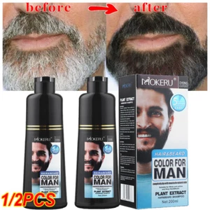 Men 2 in 1 Beard Mustache Natural Hair Color Shampoo Permanent Black Dye 200ML - Picture 1 of 25