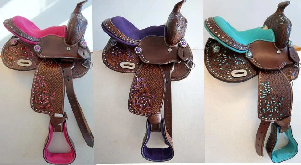 Western Mini Pony Barrel Saddle 10" 12"- Teal/ Pink Suede Seats Painted Tooled - Image 1 of 1