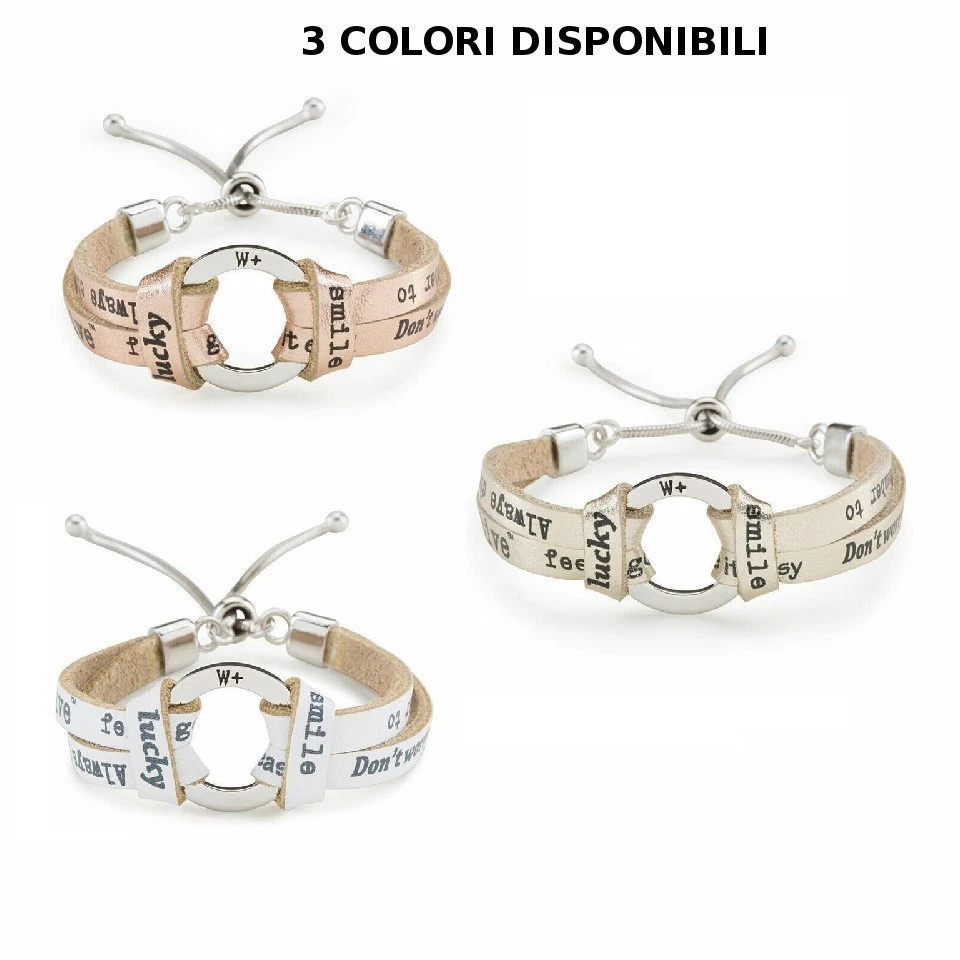 Bracciale Donna Pelle Acciaio Regolabile Cerchio We Positive Bianco Oro Rosa - Immagine 1 di 1