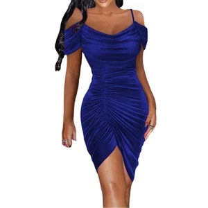 Womens Velvet Cold Shoulder Mini Dress Bodycon Evening Cocktail Party Dress - Picture 1 of 18