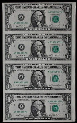 UNCUT SHEET of 4, $1 1981 CU Federal Reserve Notes A99983937H-A99998937H ppE4-H4 - Image 1 of 2