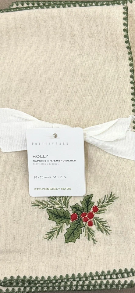 Pottery Barn Holly Embroidered Cotton/Linen Napkins Set/4 - Image 1 of 1