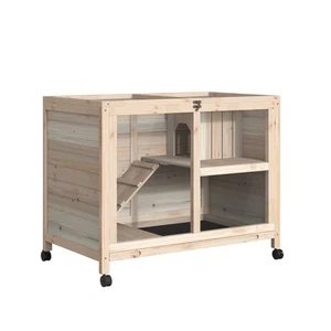 PawHut Rabbit Hutch, Bunny Cage 2 Layers with Wheels & Open Roof, Natural - Picture 1 of 11