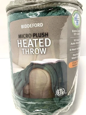 BIDDEFORD BLANKETS Biddeford Microplush Heated Throw Blanket 6 Heat Settings Auto Shut Off Teal New