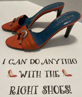 * Sandalia YVES SAINT LAURENT RiveGauche Cuero Naranja 3.5” Tacón Logo 39.5/8.5 EE. UU. Foto 1 de 4